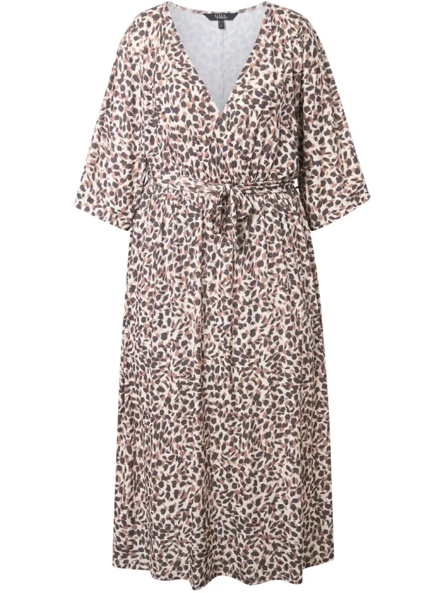 Ulla Popken Dames - Maxi-jurk luipaardmotief V-hals 3/4-kimonomouwen - Donker kiezel - Maat 54+