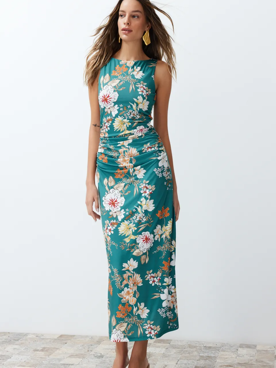 Trendyol TRENDYOLMİLLA Dames Groen Bloemen Maxi Mouwloos Avond / Dagelijks A-lijn Jurken, foto 2
