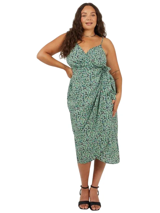 Brave Soul Midi-jurk voor dames met V-hals, afgeronde mouwen en zonder mouwen (Groen)