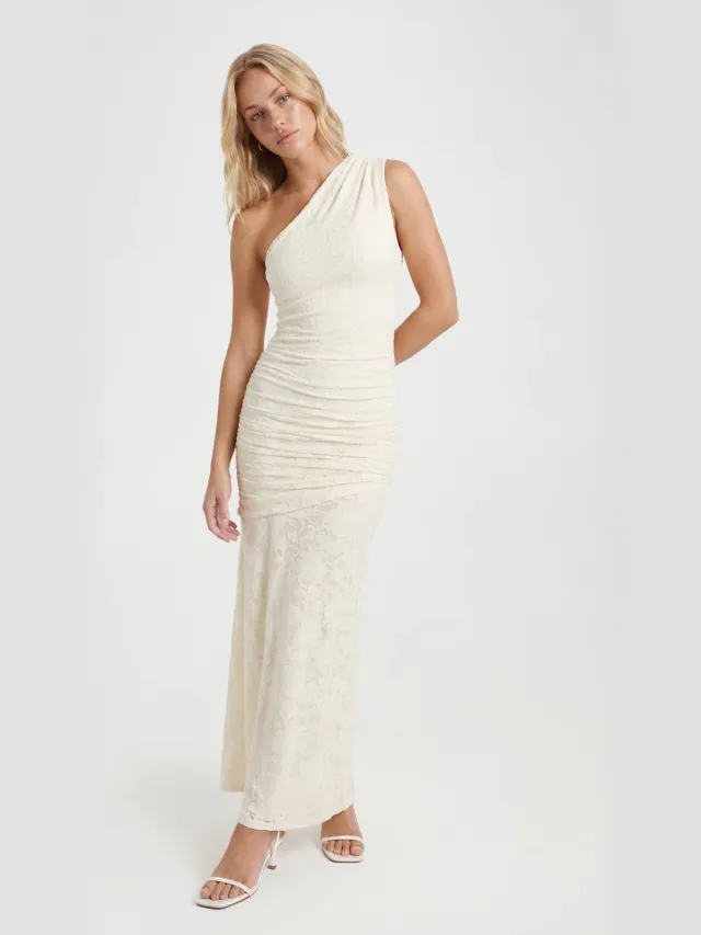 boohoo Dames Burnout Bloemen Asymmetrische Hals Maxi Jurk Ivoor