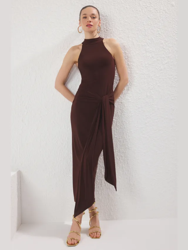 Trendyol TRENDYOLMİLLA Dames Bruin Effen Maxi Mouwloos Avond / Dagelijks Bodycon Jurken