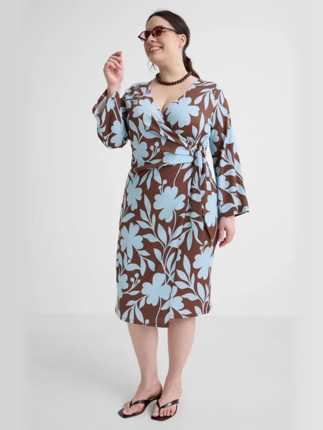GREAT LOOKS crinkle jurk met bloemenprint blauw/bruin Bruin/blauw