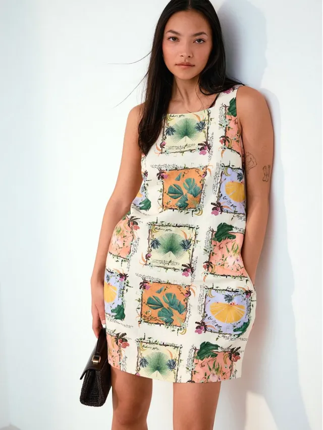 Next Dames - Linnenrijke mini-hemdjurk met vierkante hals - Crème Green/Ecru Kew Collection Botanical Print