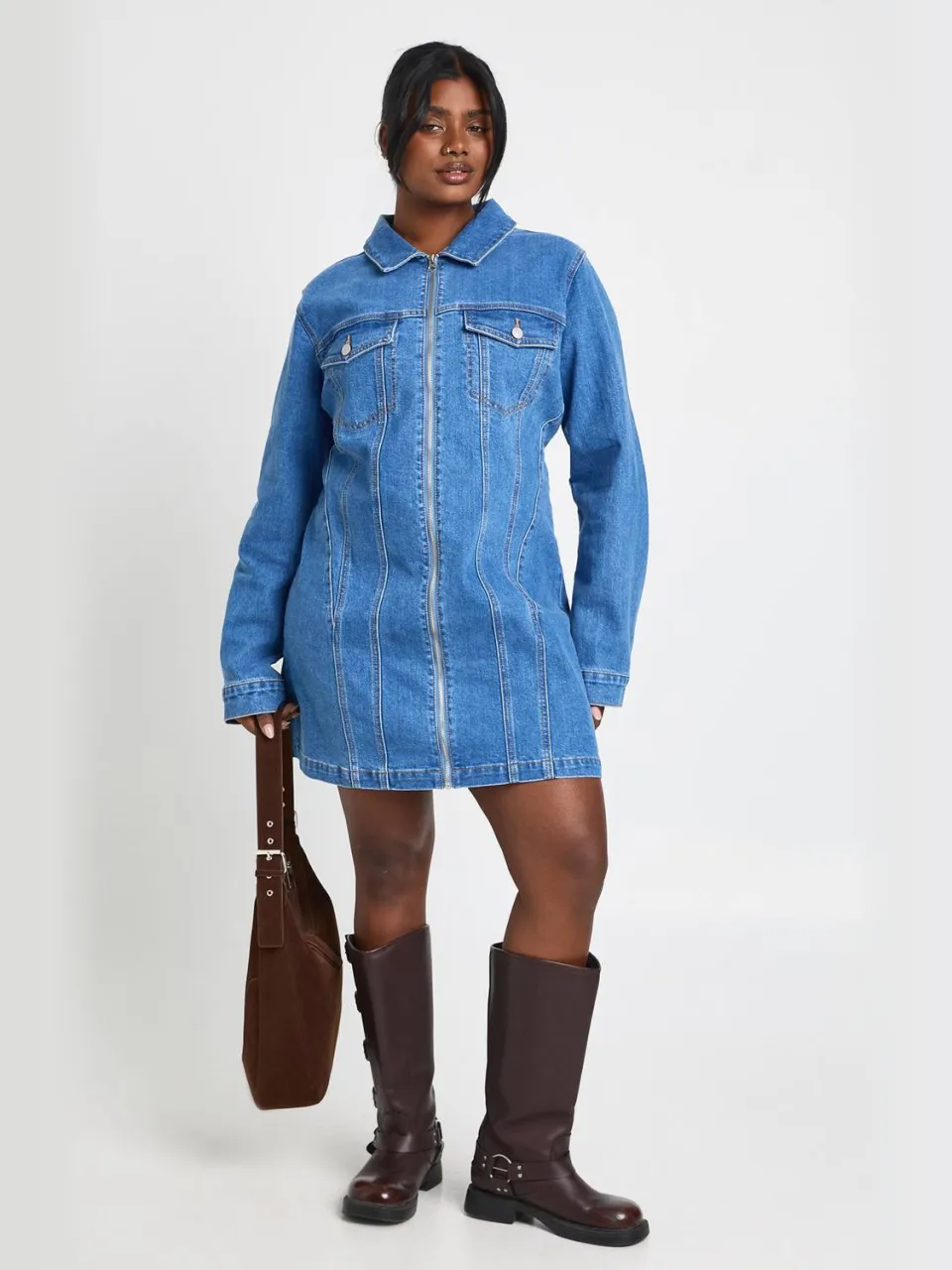 boohoo Dames Plus Size Denim Jurk met Rits, foto 3