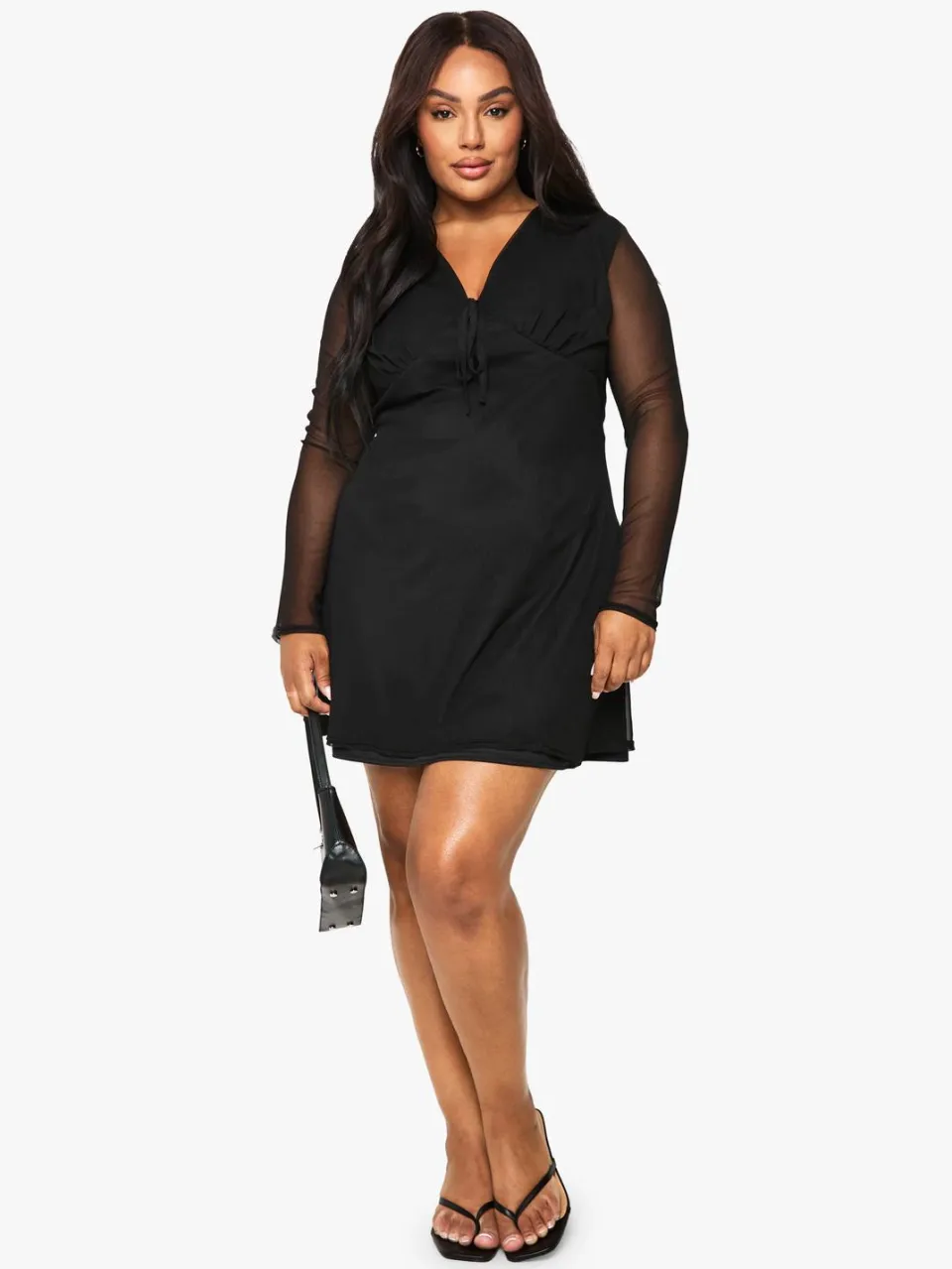 boohoo Dames Plus Tie Bust Mesh Skater Jurk zwart, foto 3