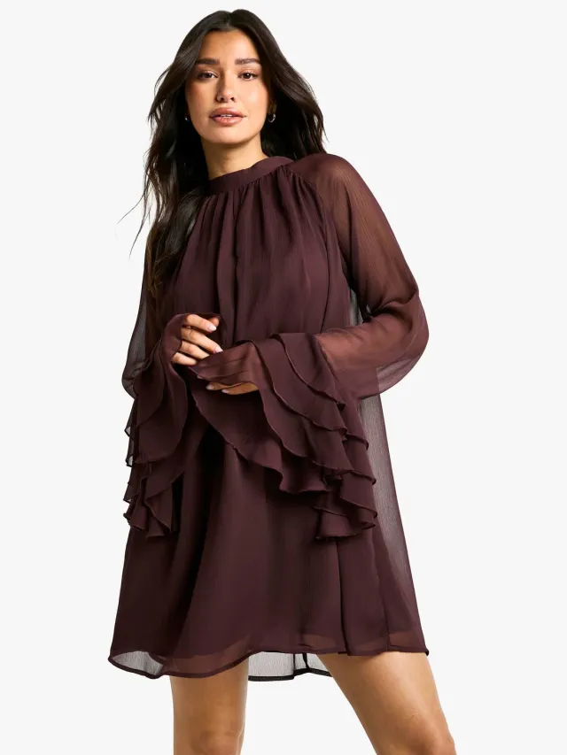 boohoo Dames Tall High Neck Volume Sleeve Chiffon Smock Dress Pruim