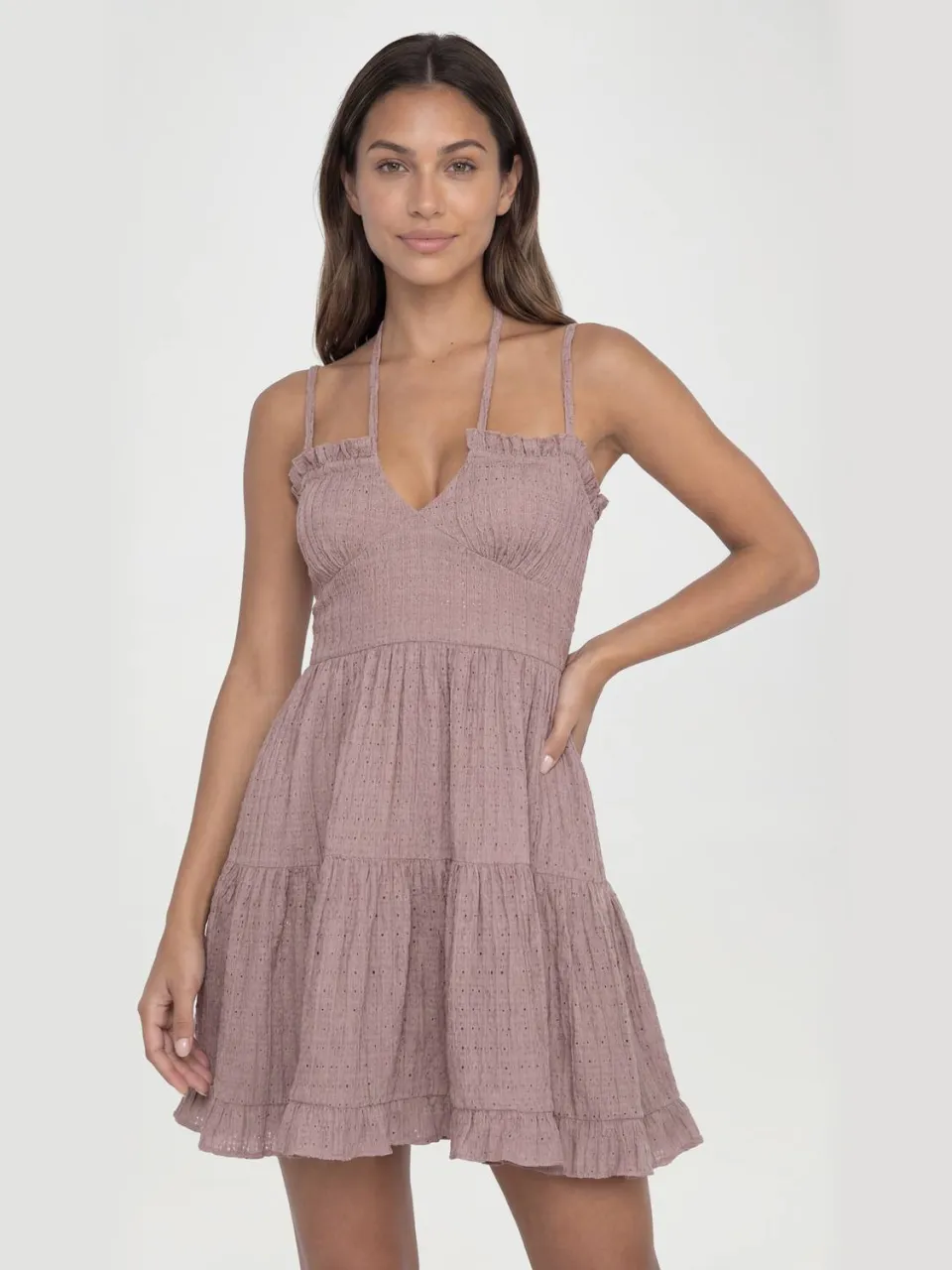 boohoo Dames Lange Getextureerde Smock Jurk Met Ruches mokka, foto 3
