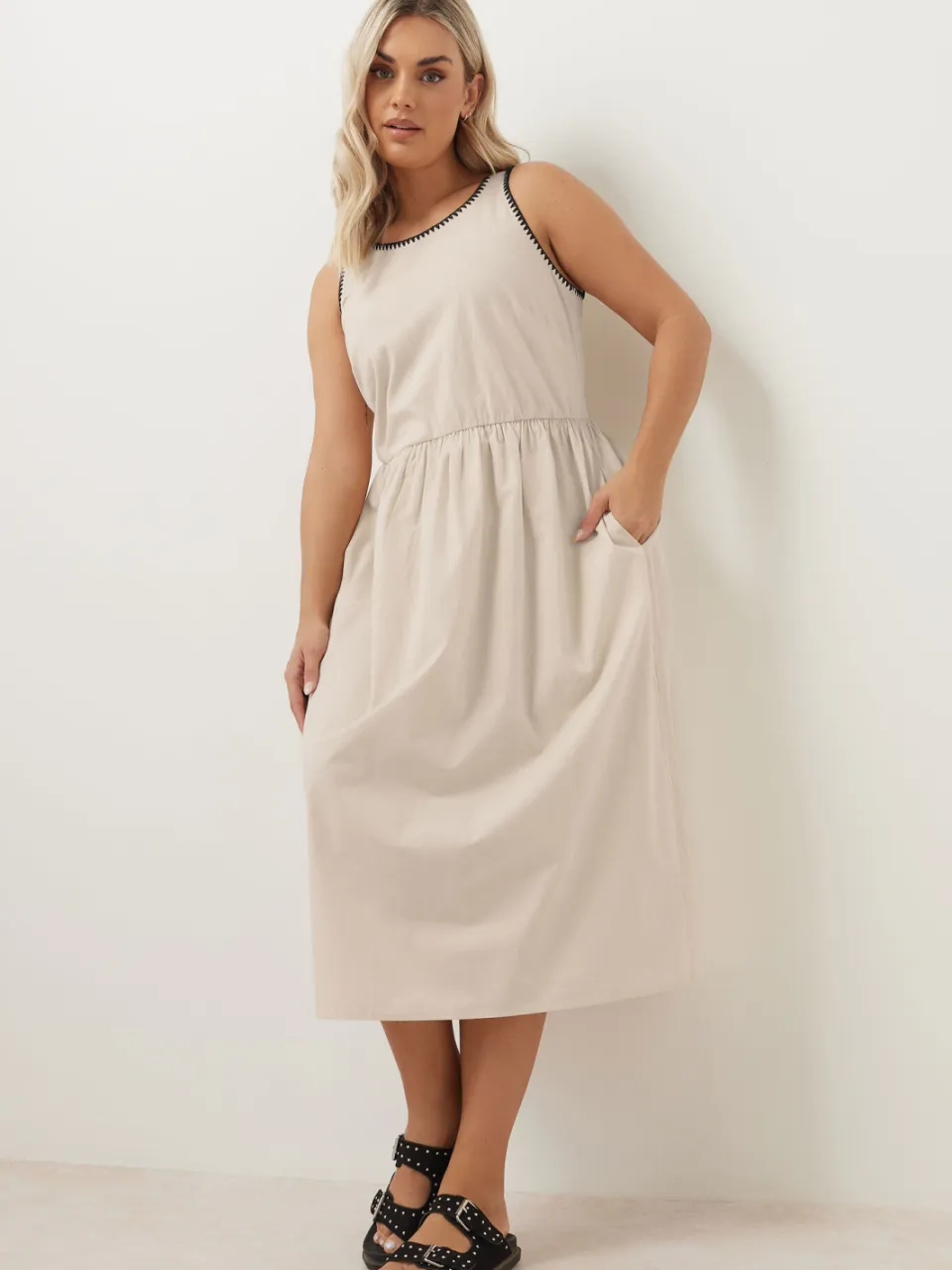Yours Midi Jurk Met Contrasterende Stiksels En Zakken In Beige-60, foto 2