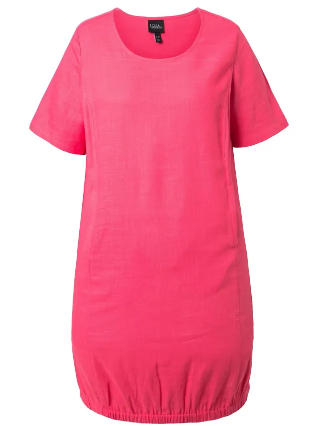 Ulla Popken Dames - Jurk linnenmix A-lijn ronde hals korte mouwen zakken - Lichtfuchsia - Maat 46+