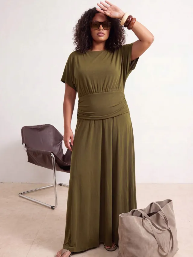 Trendyol Curve Dames Kaki Effen Maxi Kort A-lijn Grote maten Jurk