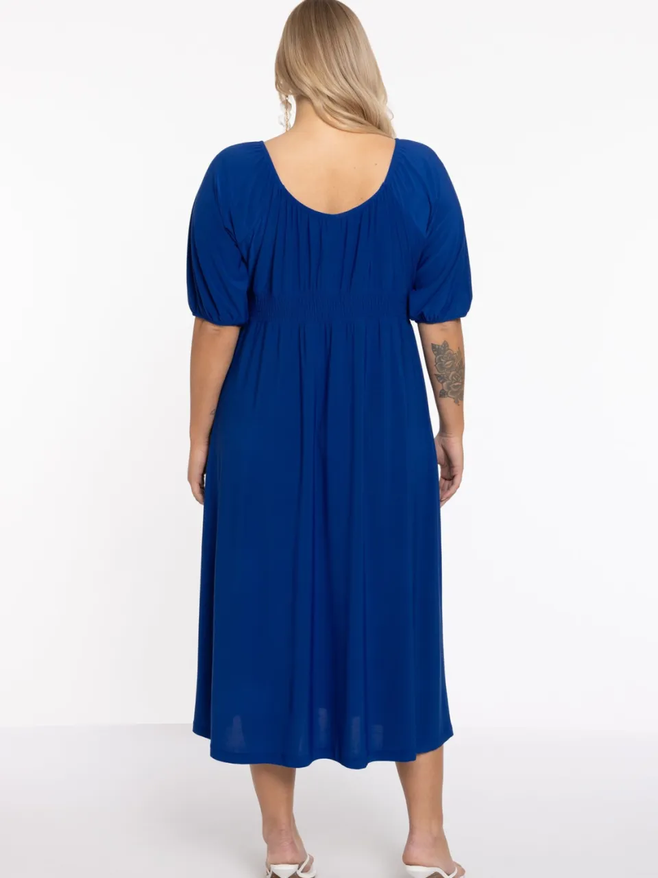Yoek Jurk met gesmokte taille | Blauw, foto 4