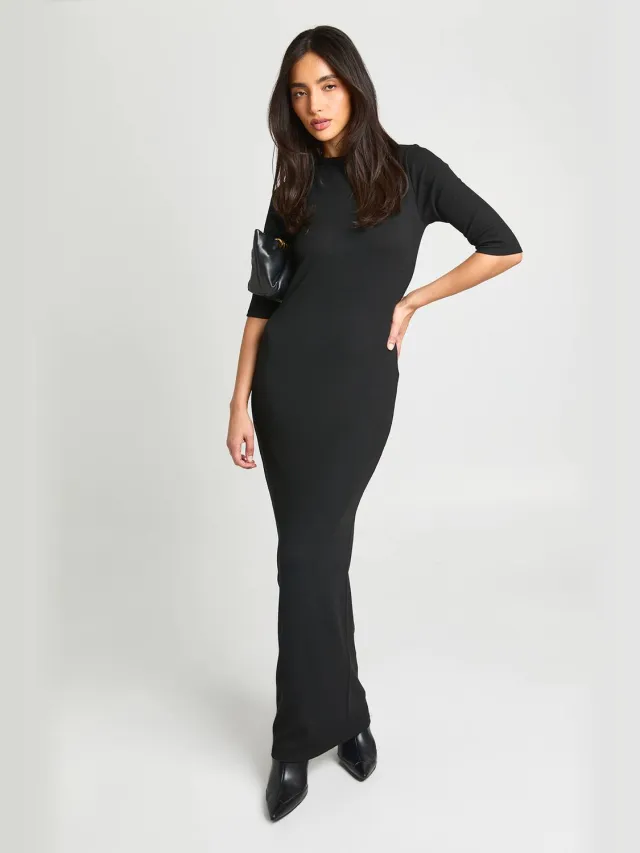 boohoo Dames Basic Geribbelde Maxi Jurk Met 3/4 Mouwen Zwart