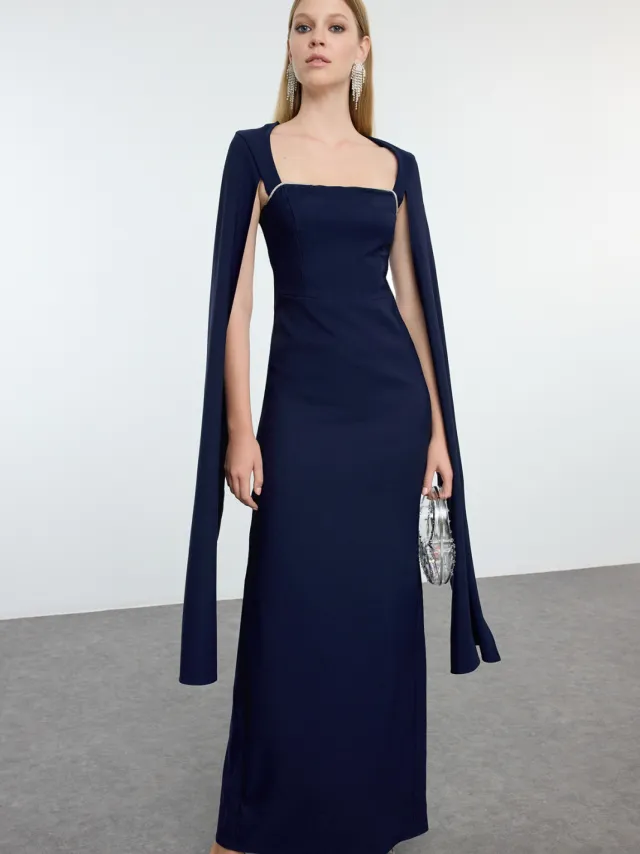 Turkishsouq Marineblauwe, rechte maxi-jurk voor dames, lange avondjurk voor afstuderen/gala Marineblauw/Blauw