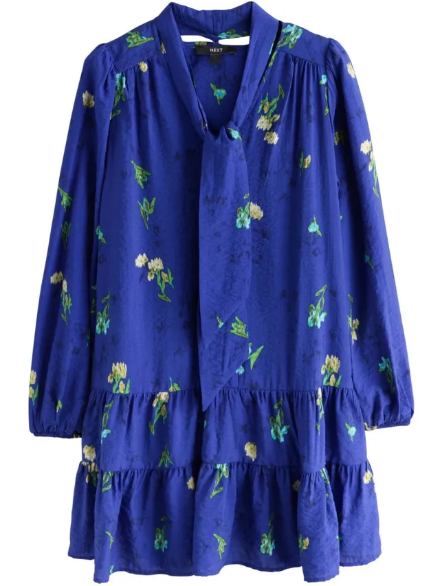 Next Dames - Mini-jurk met lange mouwen en strik in de hals - Blauw Cobalt Blue Floral Print