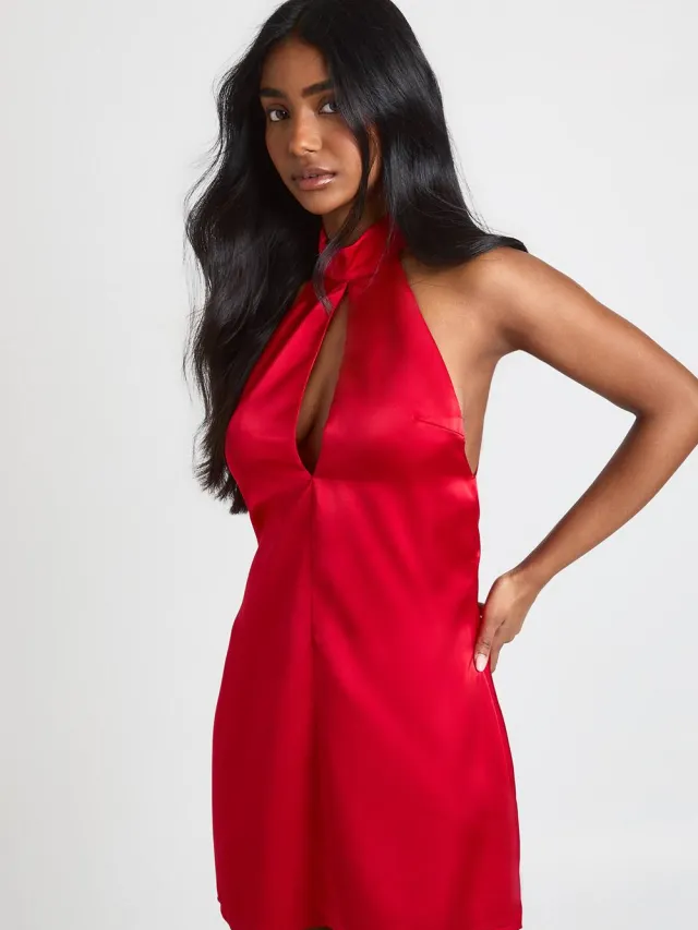 boohoo Dames Satijnen Hoge Hals Shift Jurk rood, foto 2