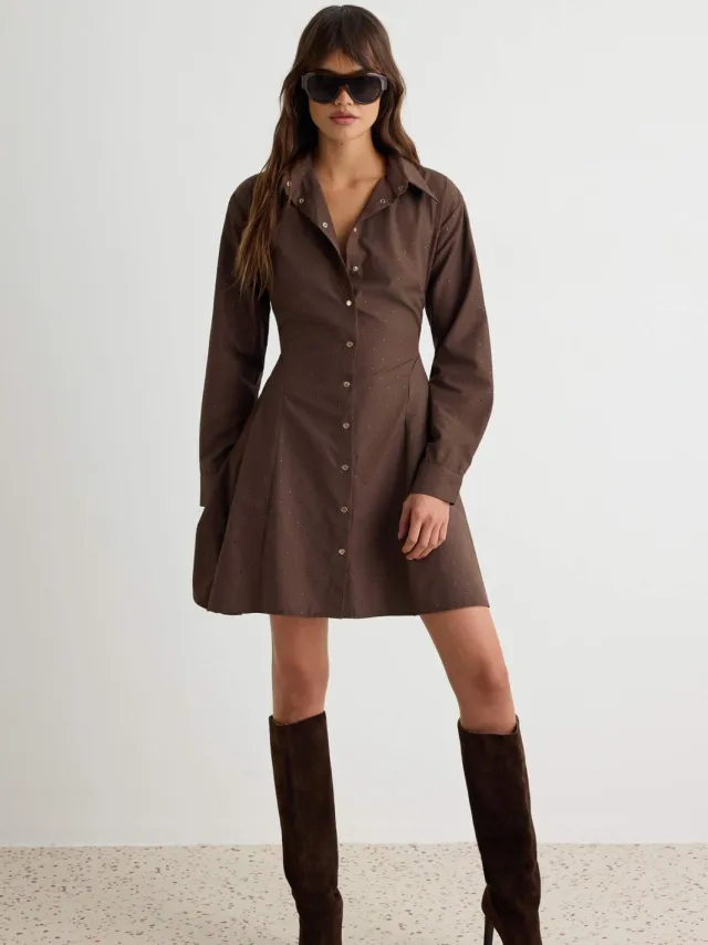 Trendyol TRENDYOLMİLLA Dames Bruin Effen Kort / Mini Lang Blousejurk Jurken