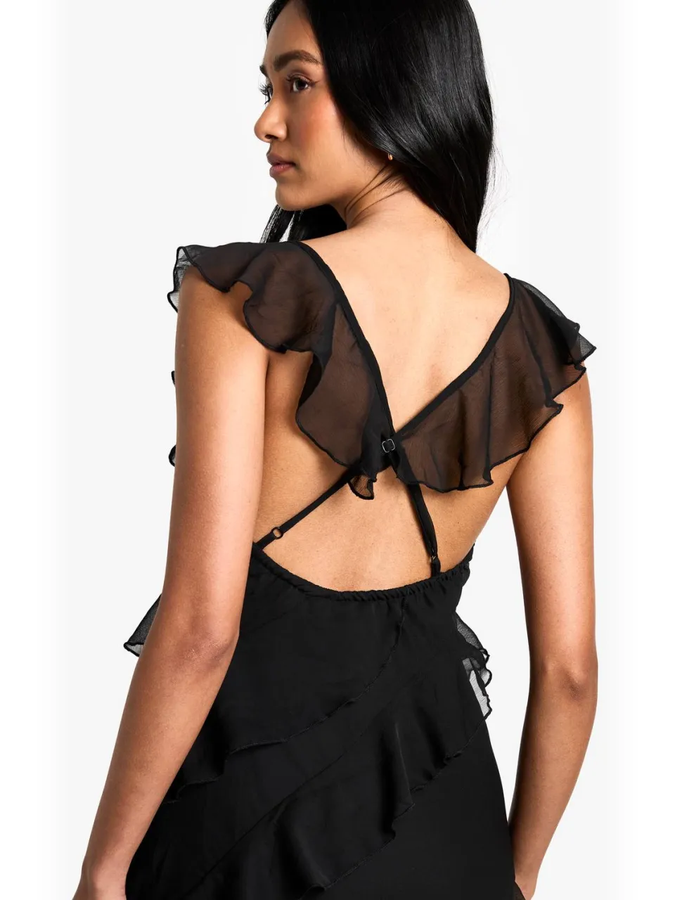 boohoo Dames Chiffon Maxi-jurk met Ruffles en Bandjes zwart, foto 2