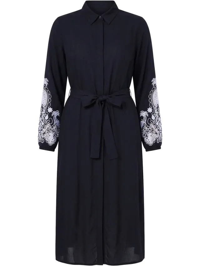 Studio Untold Dames - Overhemdblouse-midijurk A-lijn geborduurde pofmouwen - Zwart - Maat 42+