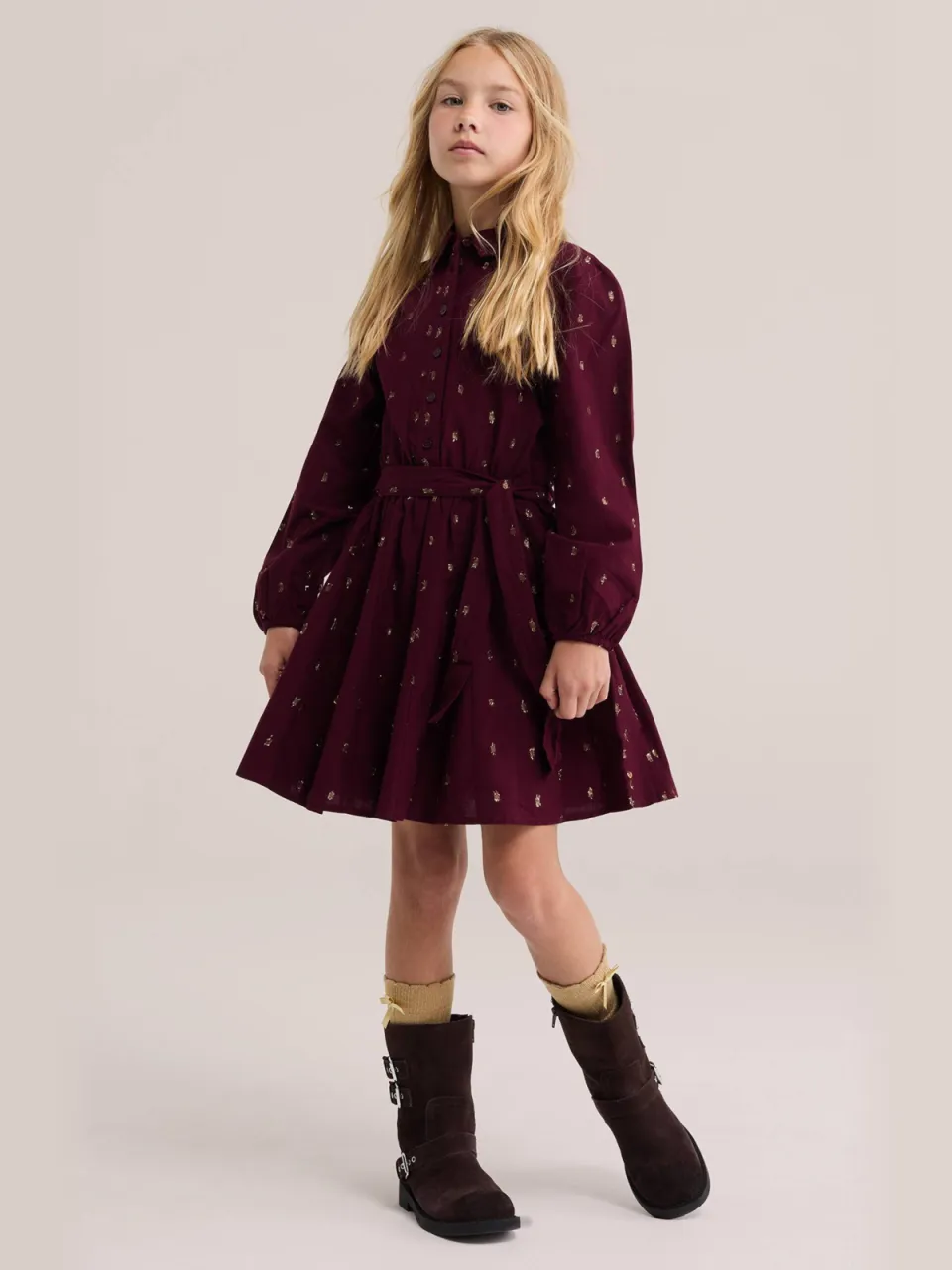 WE Fashion korte jurk met glitterprint donkerrood donkerrood/goud, foto 3