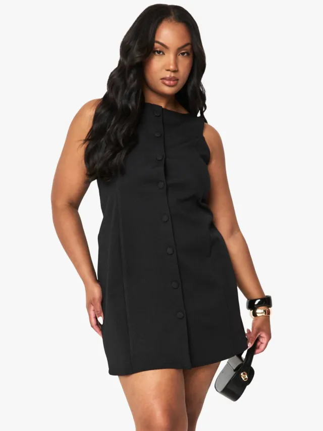 boohoo Dames Plus gestructureerde button-down minijurk Zwart