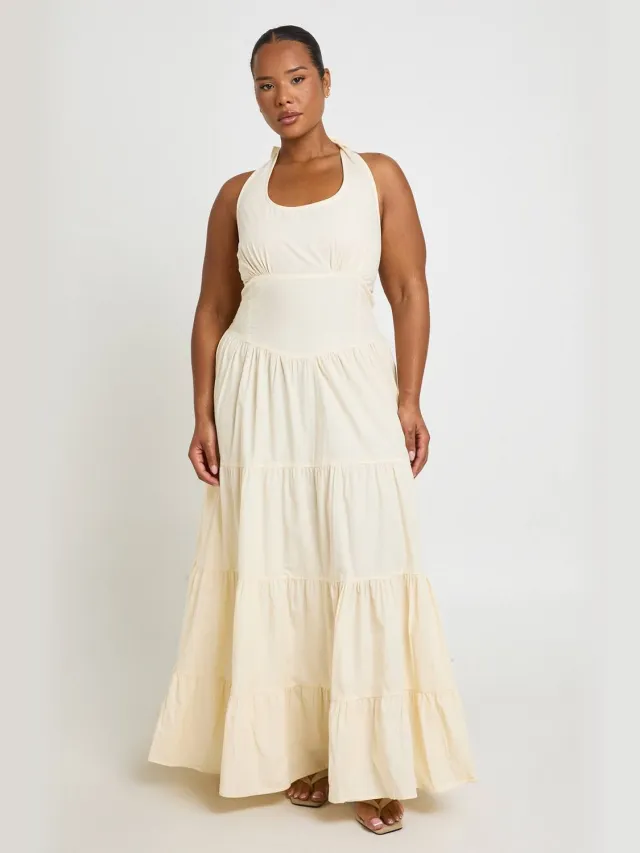 boohoo Dames Plus Halterneck Poplin Maxi Jurk Citroen