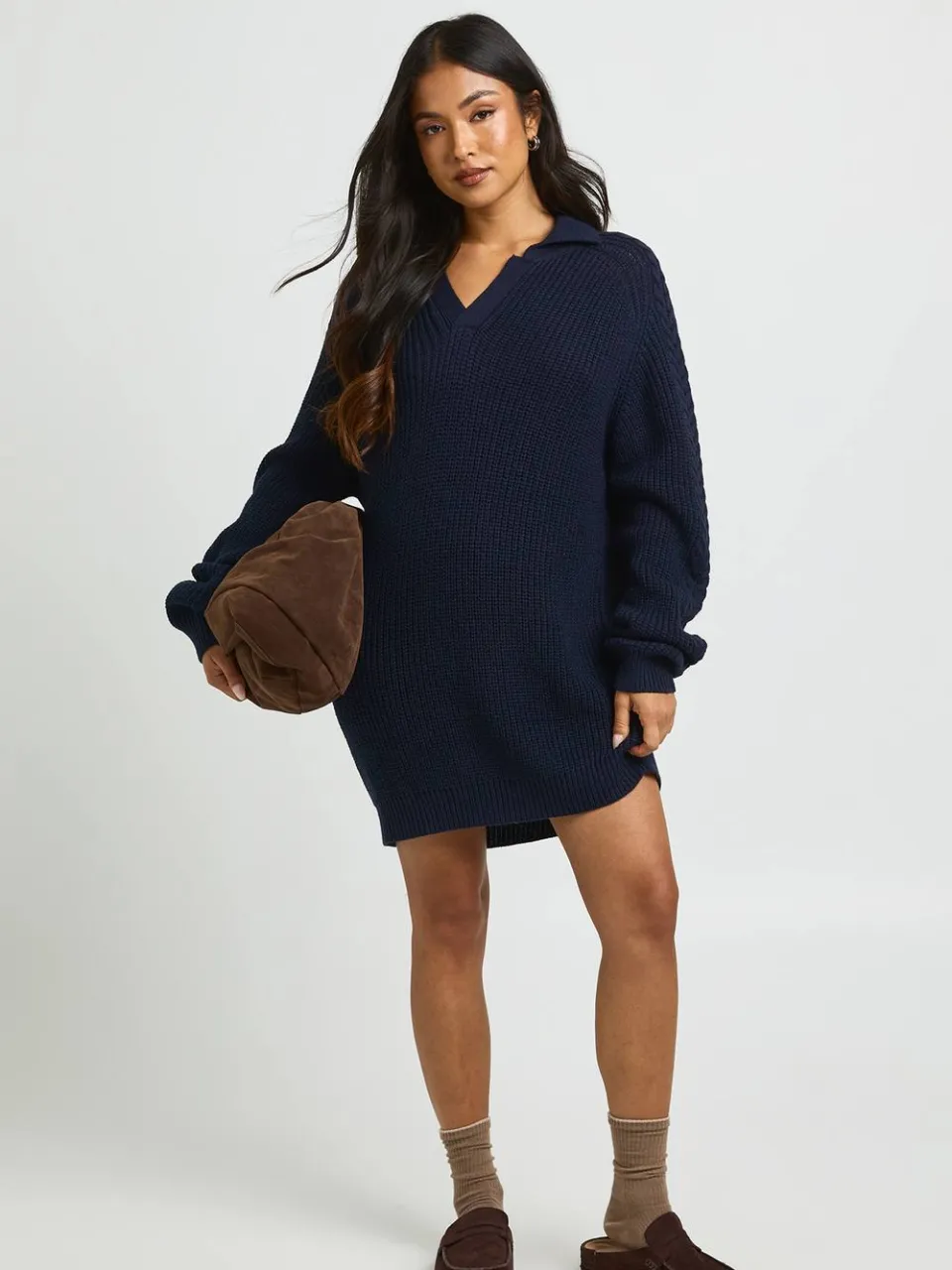 boohoo Dames Petite Grofgebreide Trui-jurk Met Kraag En V-hals marineblauw, foto 2