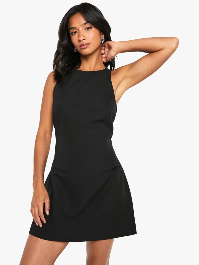 boohoo Dames Petite Parelversierde Mouwloze Getailleerde Mini Jurk Zwart