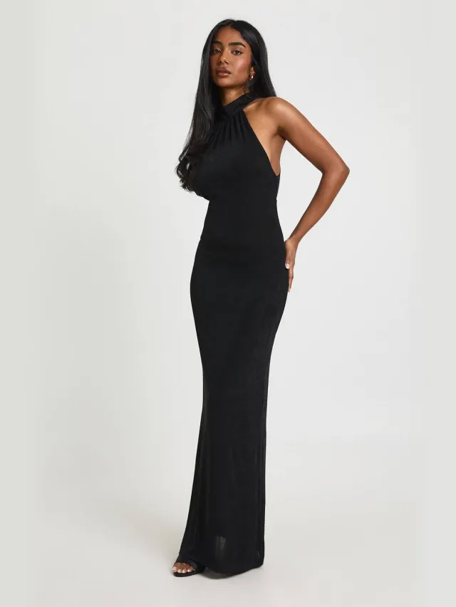 boohoo Dames Acetaat Slinky Halternek Midi Jurk zwart, foto 2