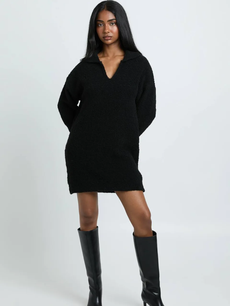 boohoo Dames Gebreide Mini-trui Jurk Met Kraag In Boucle zwart, foto 2