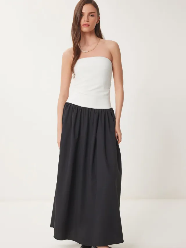 Happiness Istanbul Kleurgeblokte Strapless Maxi-jurk Wit