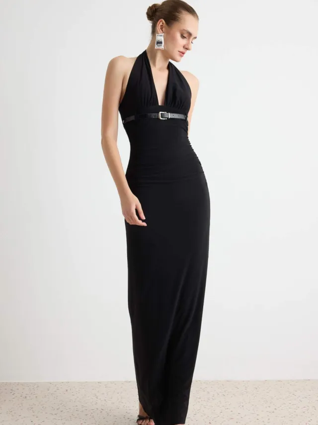 Trendyol TRENDYOLMİLLA Dames Zwart Effen Maxi Mouwloos Recht Avond & Gala Jurk