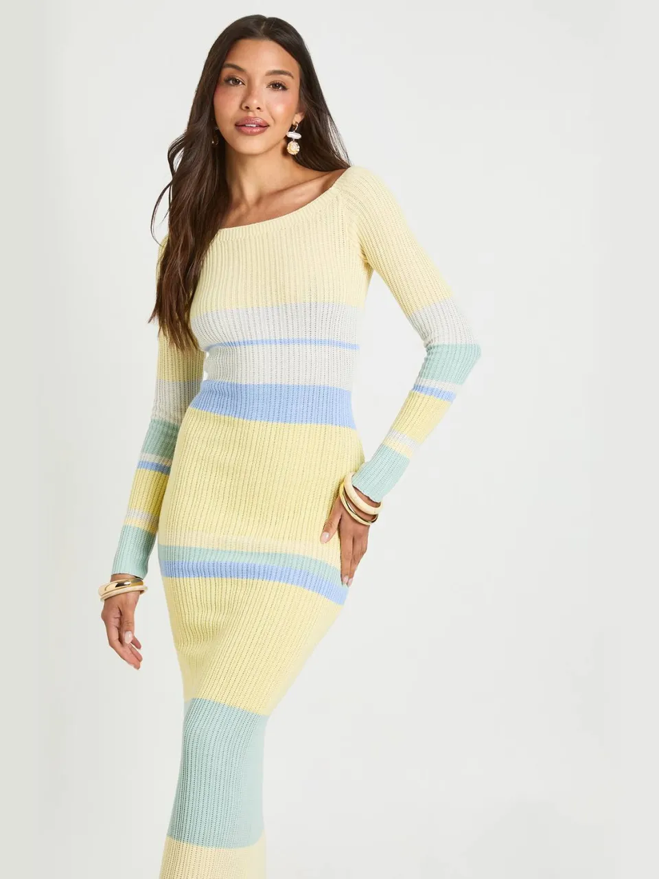 boohoo Dames Premium Gestreepte Gehaakte Maxi Jurk citroen, foto 4