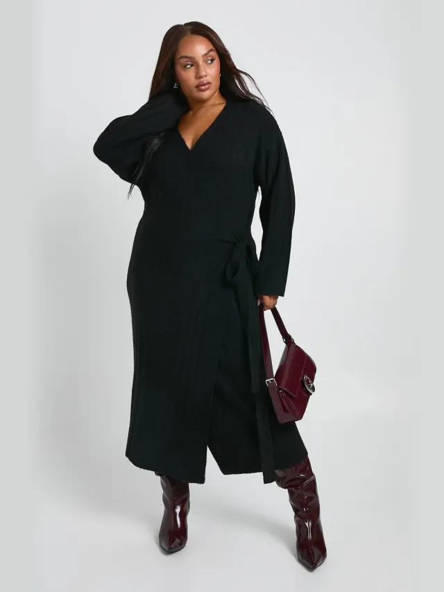 boohoo Dames Plus Lichtgewicht Mixed Rib Wrap Jurk Zwart
