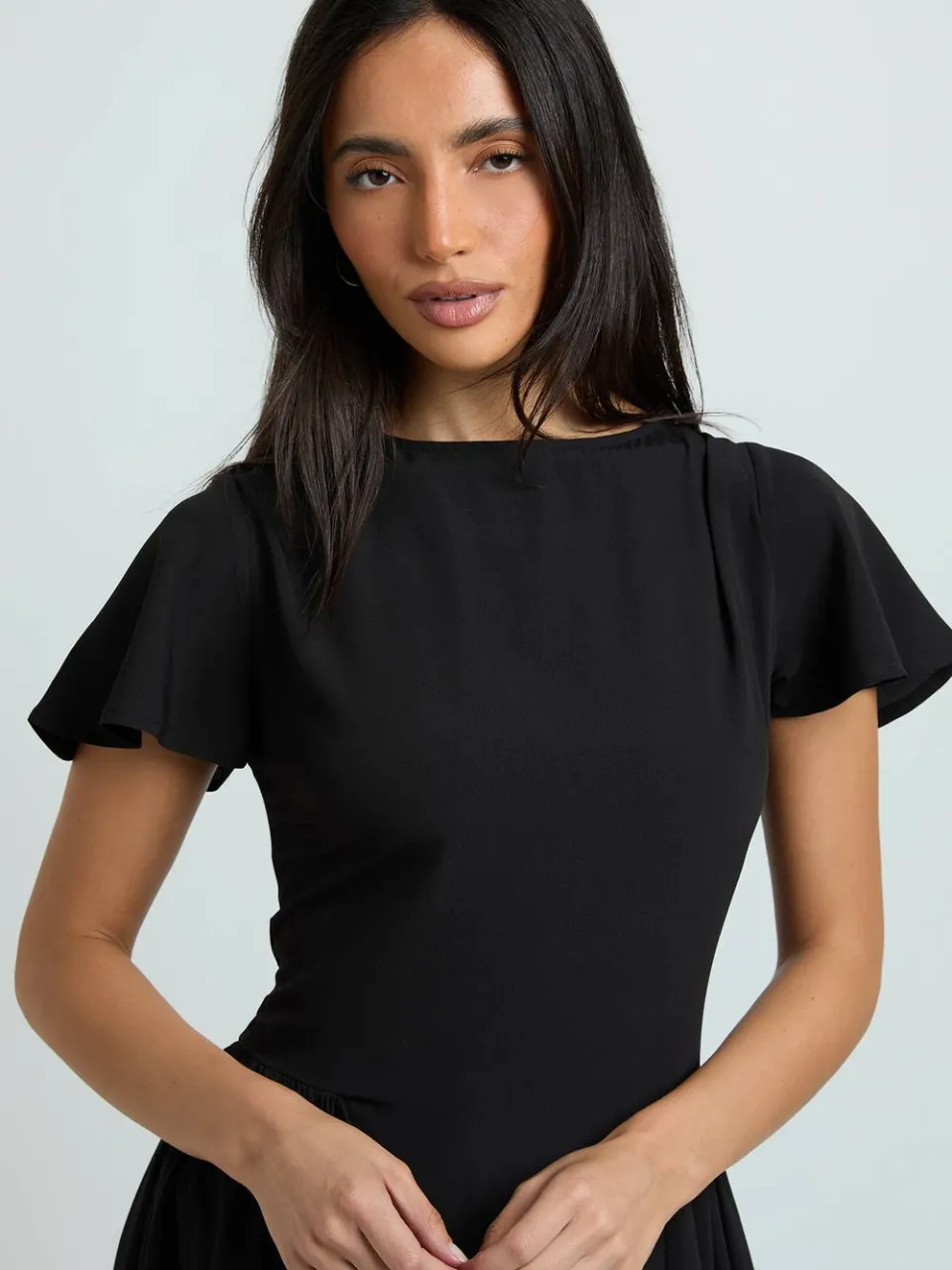 boohoo Dames Getextureerde Wijduitlopende Mouw Volume Rok Midaxi Jurk zwart, foto 4