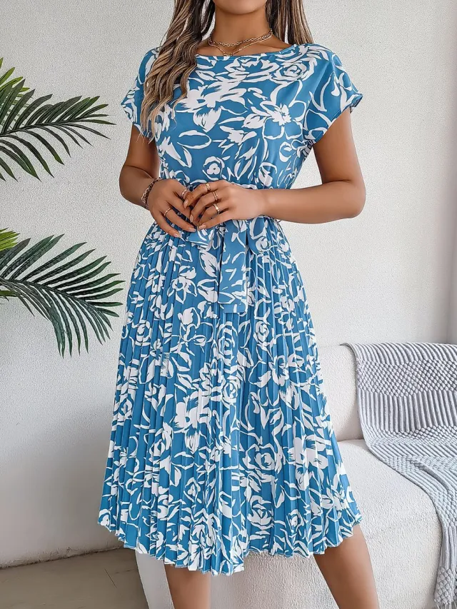 SUNMOOL Dames Dress - Tailleband - Bloemenpatroon - LichtBlauw - Maat:
