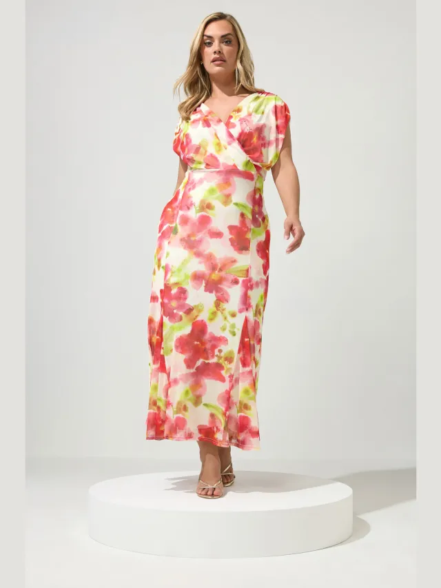 Yours London Witte Bloemenjurk Met Mesh En Godet Zoom Pink