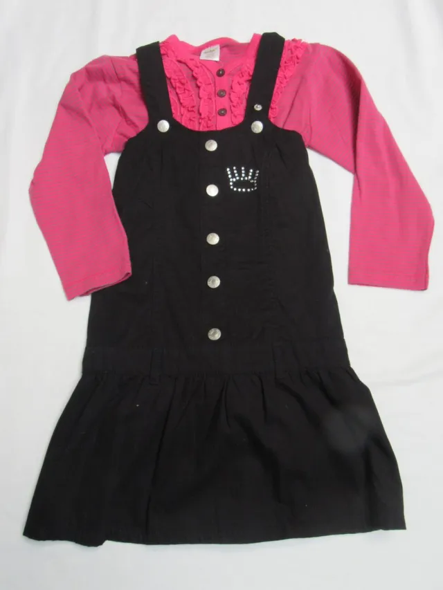 Dirkje , meisjes , overgooier zwart + t-shirt fuchia met grijst , 4 jaar 104 zwart , fuchia , grijst