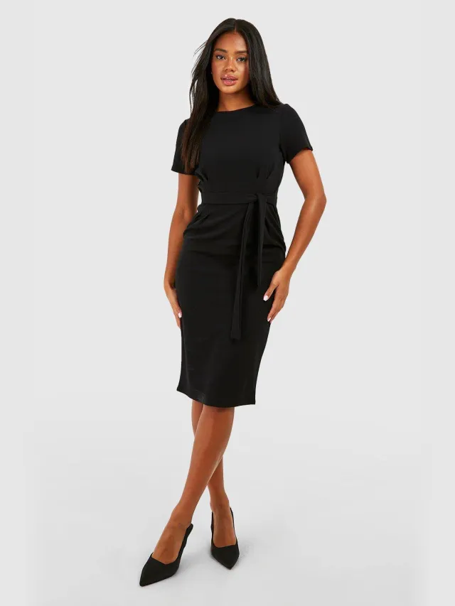 boohoo Dames Jersey Crepe Plisse Voorzijde Mond Ceintuur Midi-Jurk Zwart