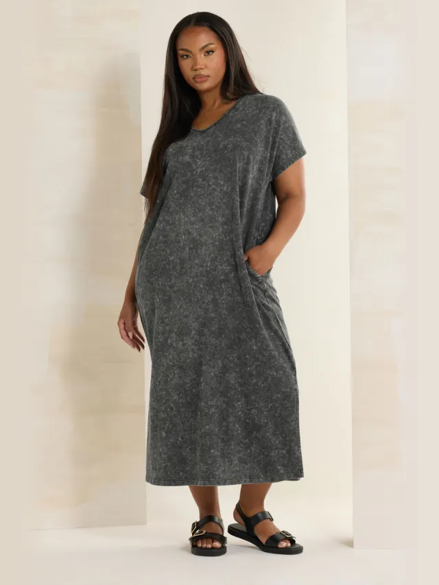 Yours Katoenen Midaxi Jurk Van Zware Stof In Grijze Acid Wash-56 Grey