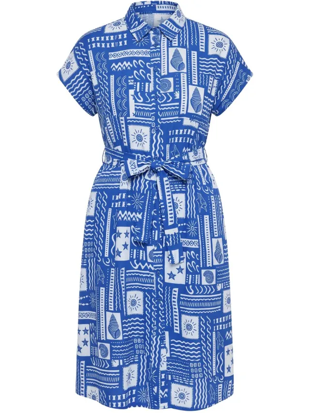 Studio Untold Dames - Midi-jurk oversized tegelprint korte mouw - Kobaltblauw - Maat 54+