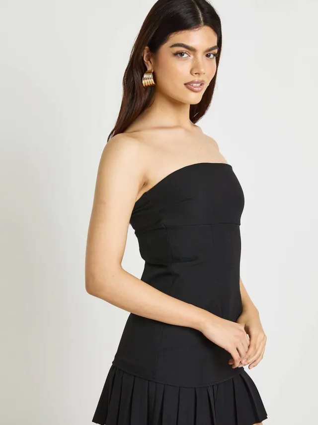 boohoo Dames Getailleerde Bandeau Mini Jurk Met Geplisseerde Rok zwart, foto 3