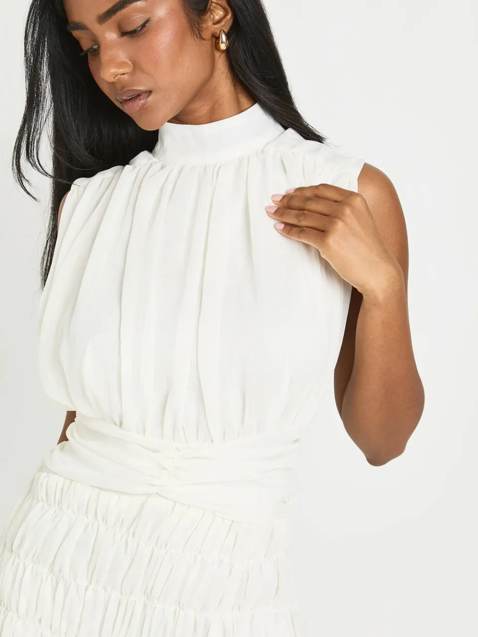 boohoo Dames Gestructureerde Chiffon Mini-jurk Met Hoge Hals En Verlaagde Zoom ivoor, foto 4