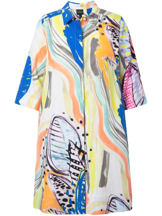Ulla Popken Dames - Lange blouse lyocell A-lijn overhemdkraag 3/4-mouwen - Kobaltblauw - Maat 46+