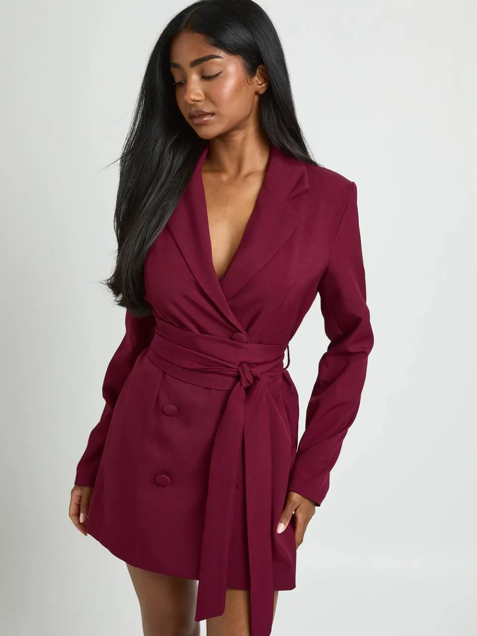 boohoo Dames Obi Strik Taille Getailleerde Blazer Jurk bessen, foto 3