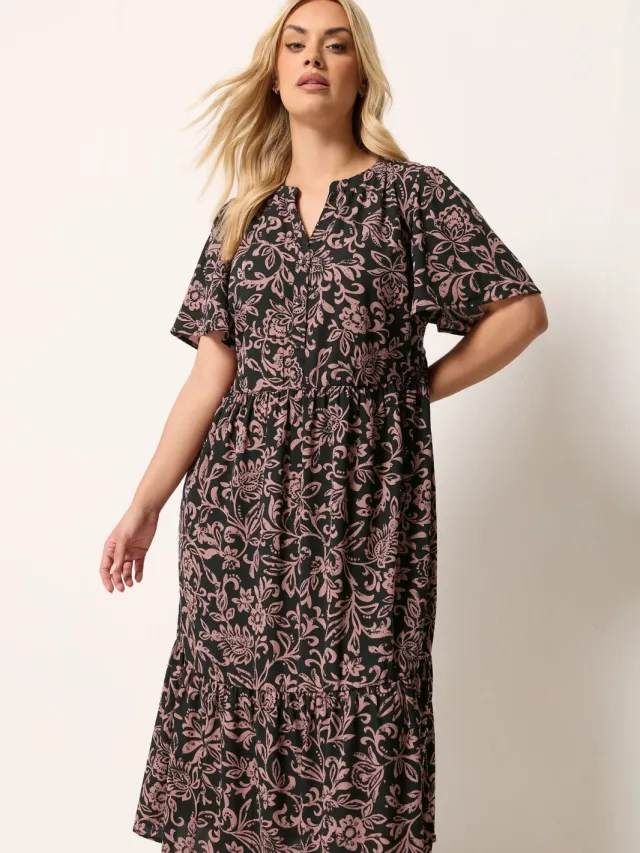 Yours Zwarte Abstracte Bloemenprint Jurk Met Knoopsluiting Black