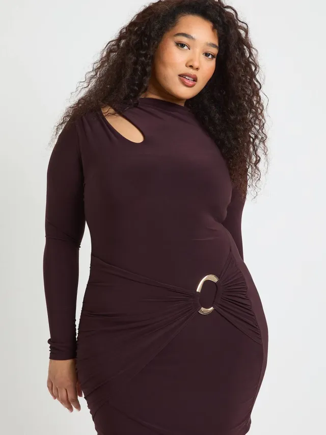 boohoo Dames Plus High Neck Wrap Trim Detail Mini Jurk Chocoladebruin