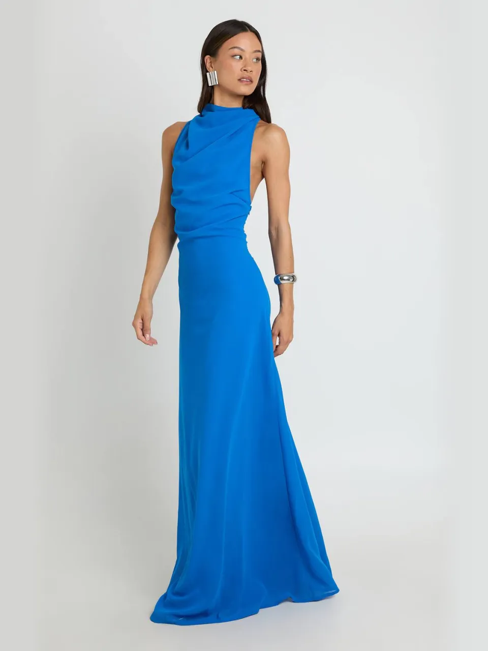 boohoo Dames Lange Chiffon Maxi Jurk Met Hoge Waterval Hals En Open Rug kobaltblauw, foto 2