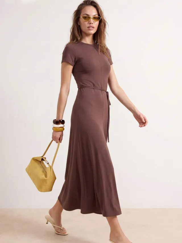 Trendyol TRENDYOLMİLLA Dames Bruin Effen Midi Kort Casual Recht Jurken