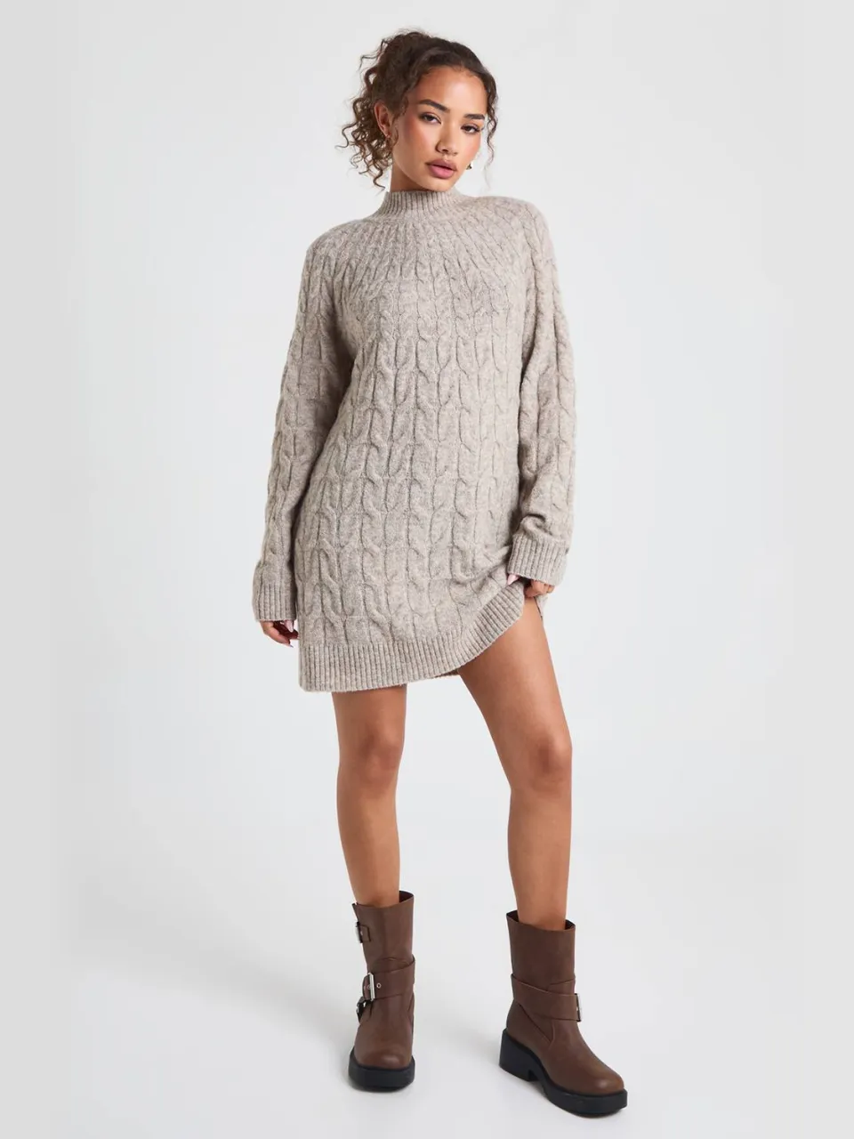boohoo Dames Gebreide mini-jurk met hoge hals en kabeldetail steen, foto 2