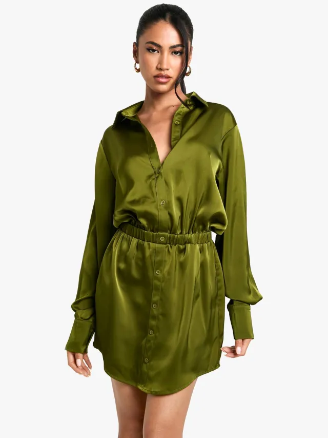 boohoo Dames Satijnen Overhemd Mini Jurk Kaki